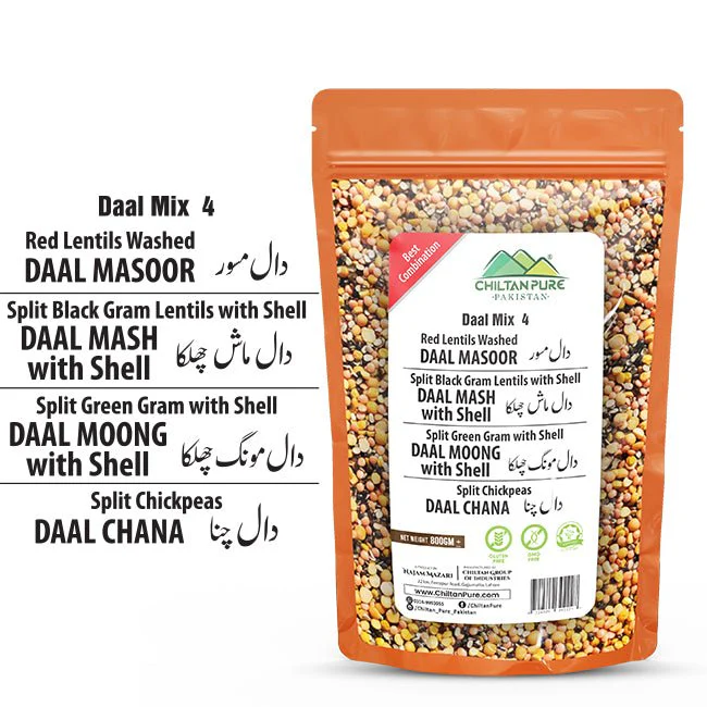 Daal Mix 4 / Red Lentils Washed / دال مسور / Split Black Gram Lentils with Shell / دال ماش چھلکا / Split Green Gram with Shell / دال مونگ چھلکا / Split Chickpeas / دال چنا / DAAL CHANA / 800gm