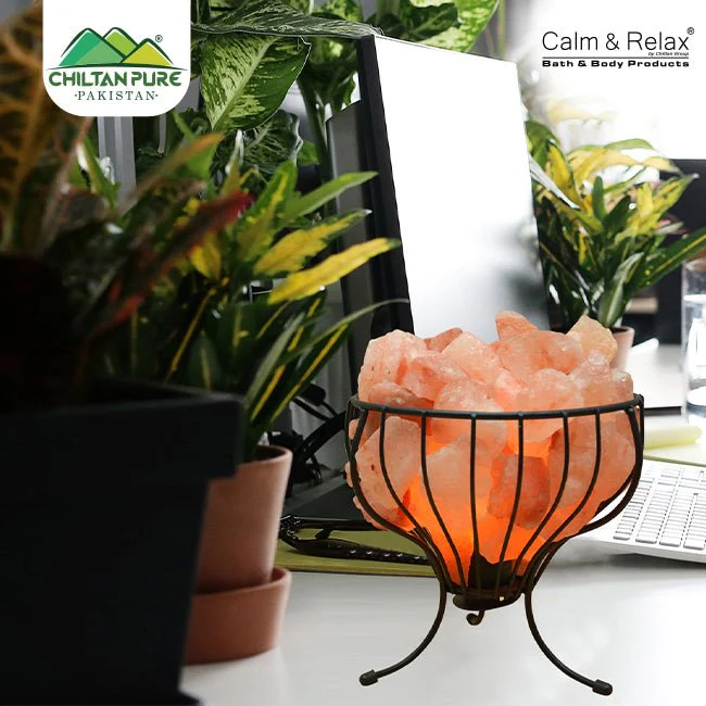 Flower Shape - Metal Basket Lamp with pink Salt Chunks