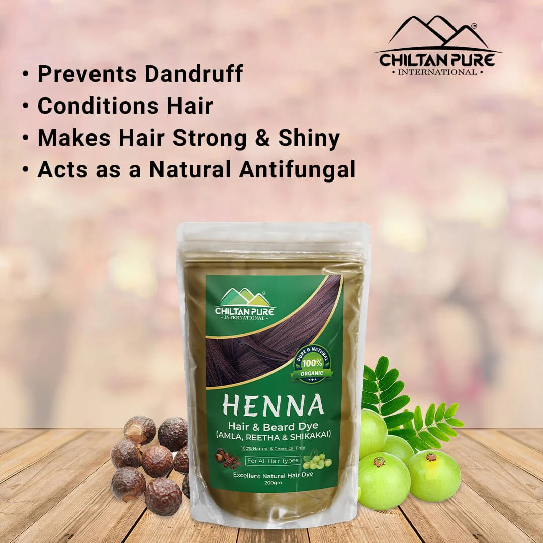 Henna Hair and Beard Dye (Amla, Retha, Shikakai) – Boosts Hair Growth, Prevents Dandruff, Makes Hair Strong & Shiny 200gm - Image 4